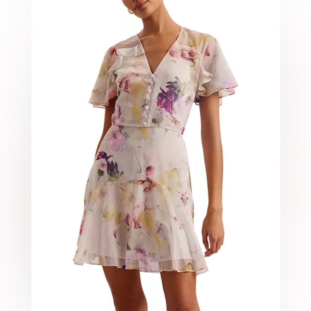 NWT Ted Baker Women's Ivory Angel Sleeve Fit-Flare Mini Dress US size 4